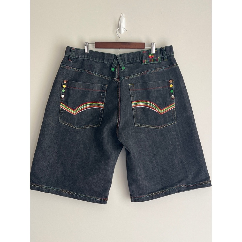 Victorious Mens Baggy Denim Jorts Black Rasta Embroidery Multi Color Stitch 42